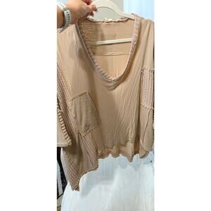 POL Mixed Media Patchwork Knit Top V-Neck Neutral Tan Size Small